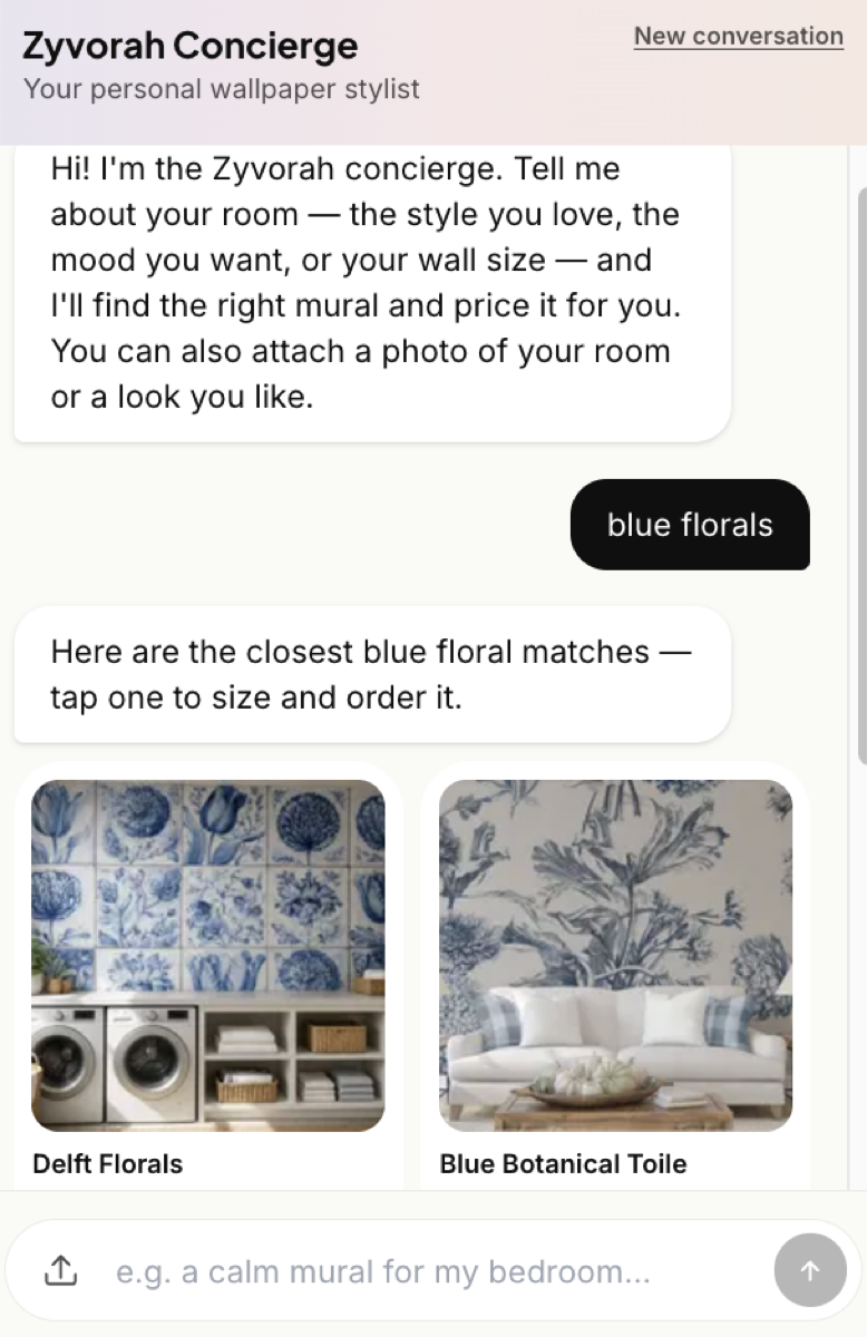 Curator running on zyvorah.com as the Zyvorah Concierge: a shopper types “blue florals” and it returns two matching murals, Delft Florals and Blue Botanical Toile