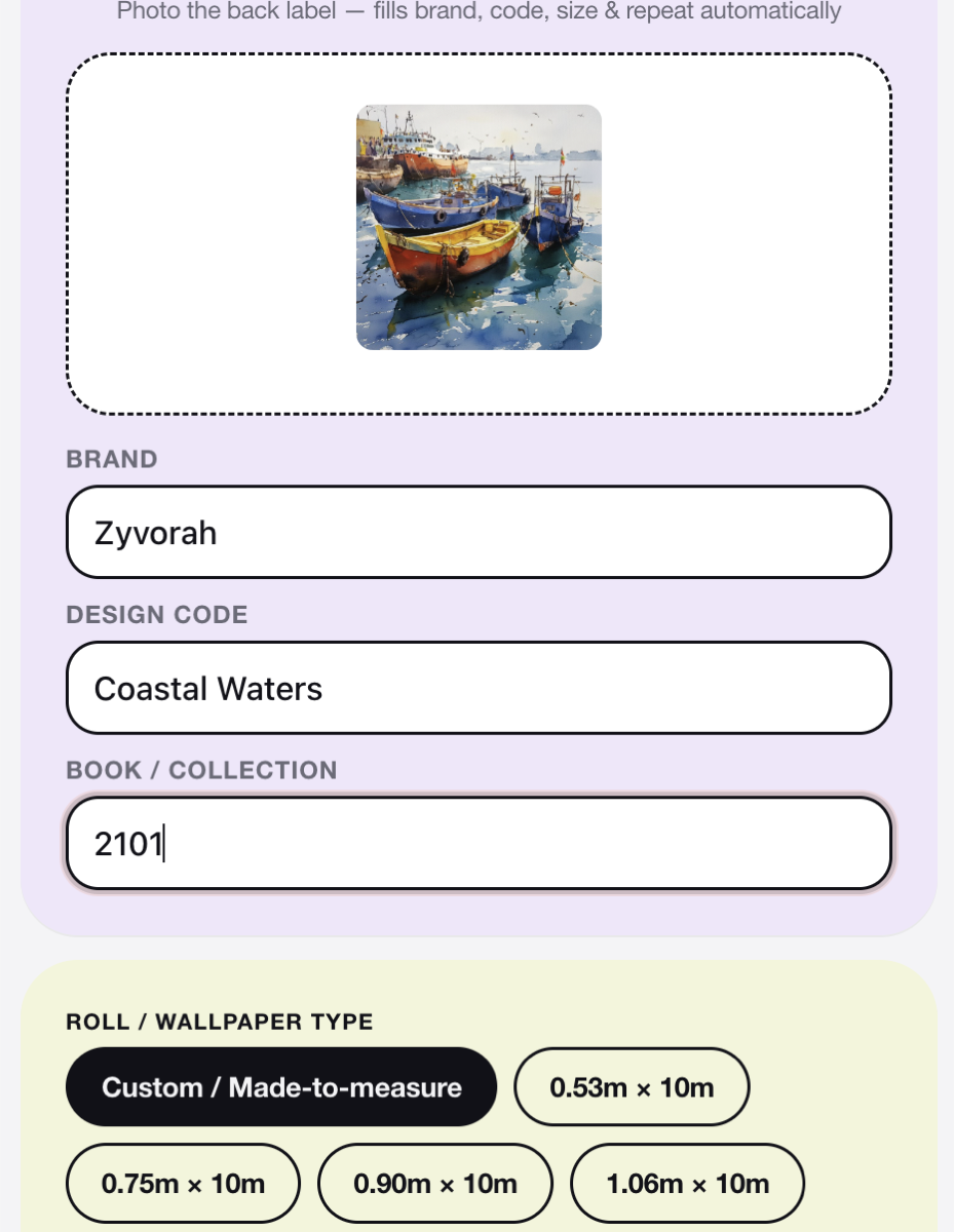 The IntellCals wallpaper calculator: photograph the roll's back label and the brand, design code, book and repeat fill in automatically, with roll sizes offered from 0.53m to made-to-measure