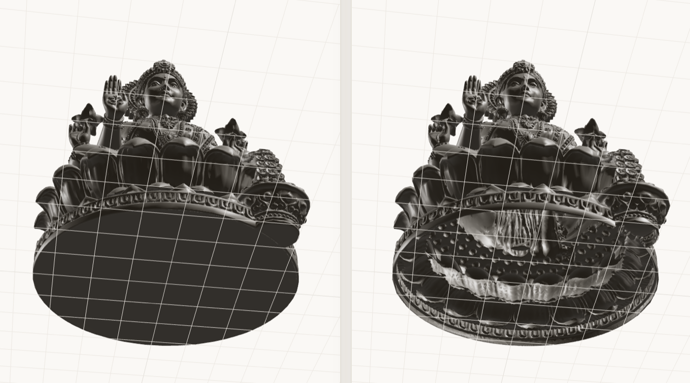 The same idol shown twice: solid on the left, hollowed by SculptScale on the right, with the sculpted outer surface unchanged